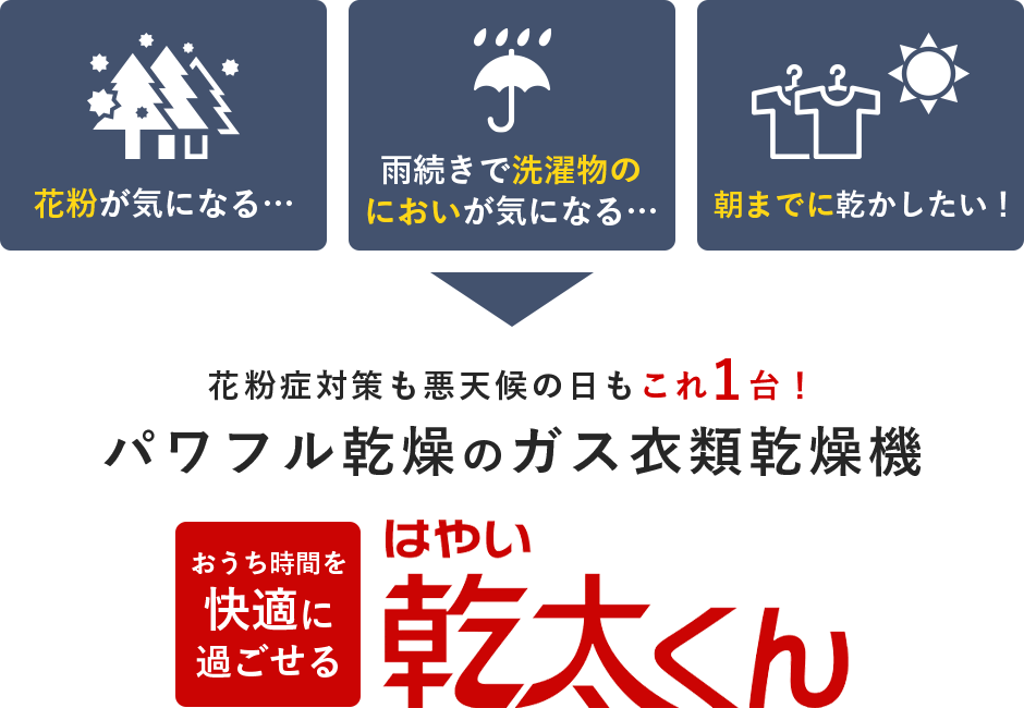 花粉症対策も悪天候の日もこれ1台！パワフル乾燥のガス衣類乾燥機